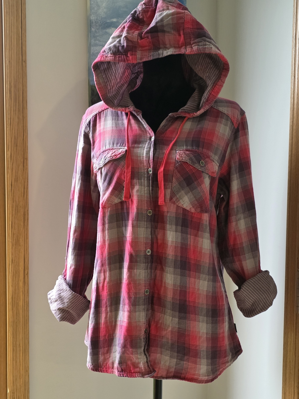 Columbia Women's Plaid Hooded Button-Up Shirt -Size Large